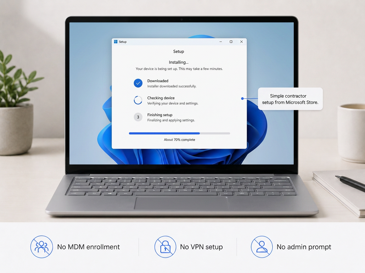Contractor laptop running the PosturePass installer, with labels reading no MDM enrollment, no VPN setup, and no admin prompt