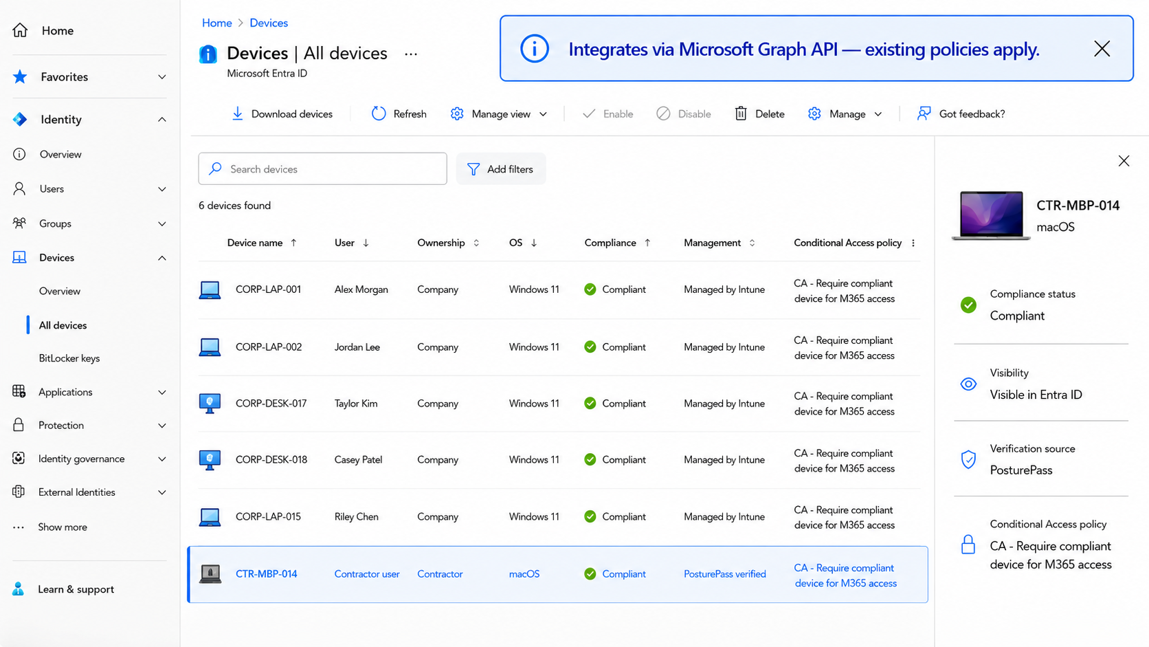 Microsoft Entra ID all devices list showing a contractor macOS device marked compliant with PosturePass as the verification source.