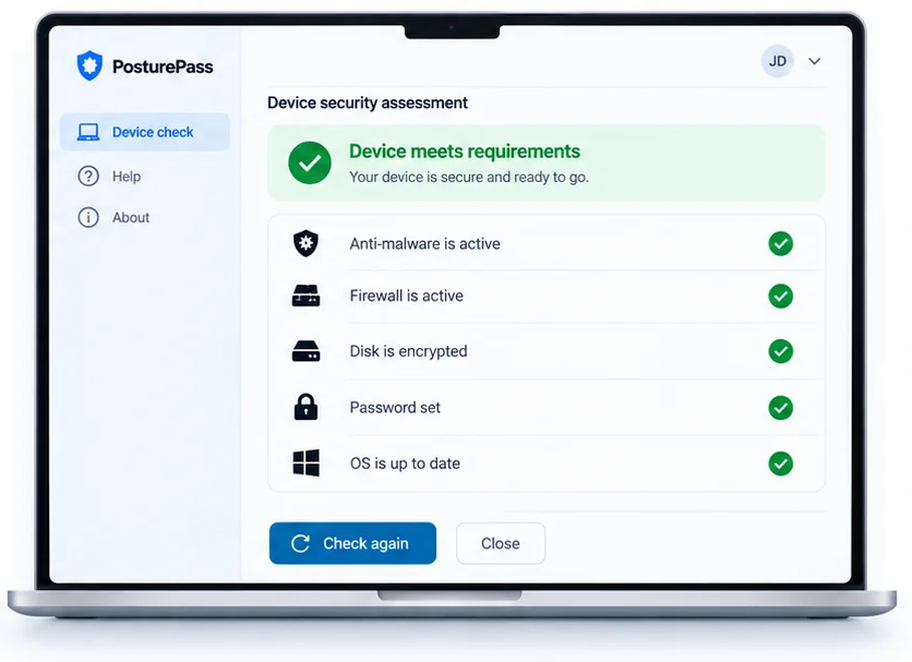 PosturePass window showing Device meets requirements. Every check is passed, with a Check again button.