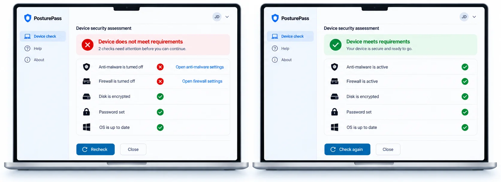 Two PosturePass windows side by side. Left: Device does not meet requirements, with anti-malware and firewall turned off and steps to open each setting. Right: Device meets requirements, with every check passed.